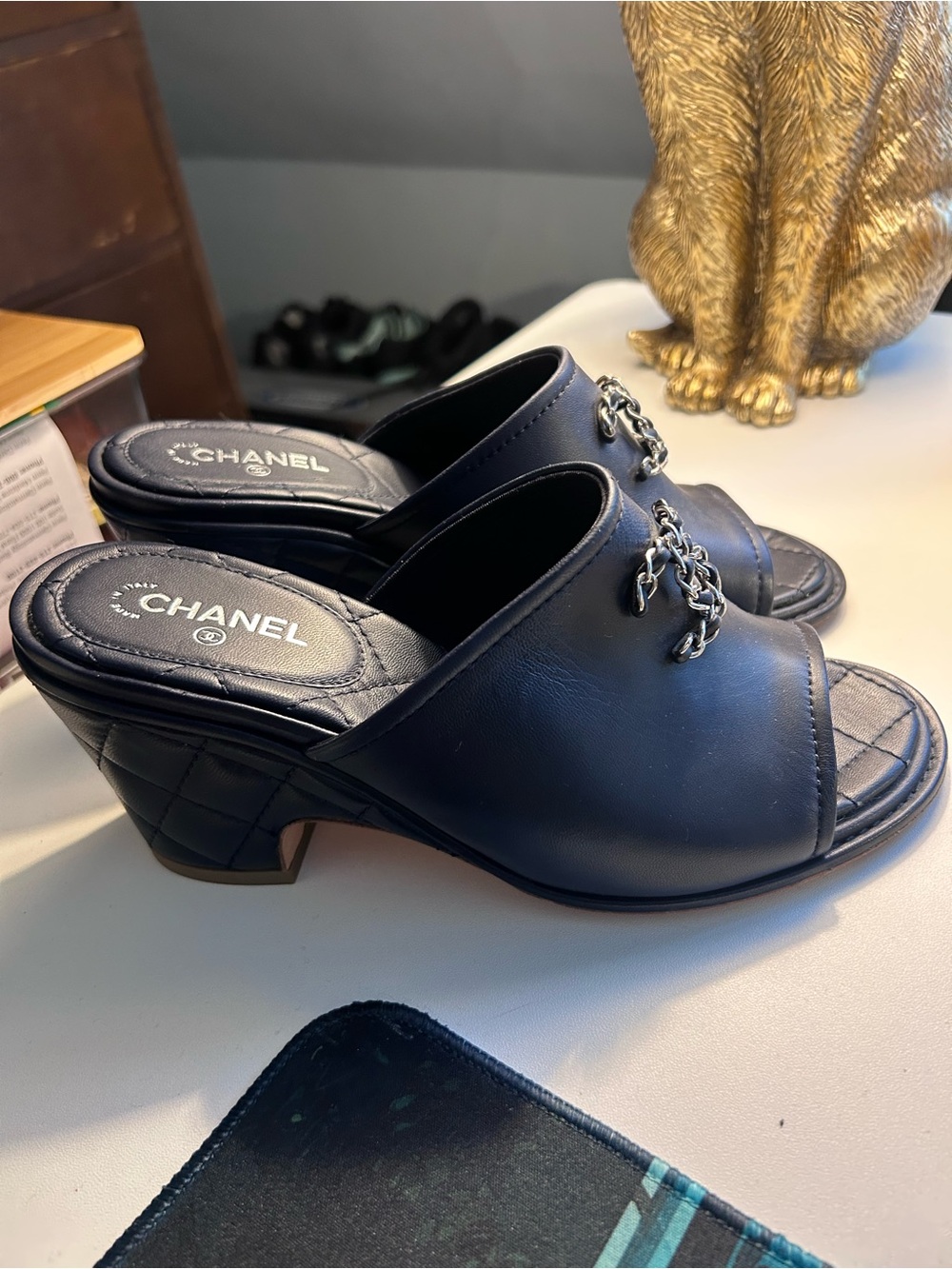 CHANEL Black Quilted Leather Open-Toe Mule with Silver CC - Picture 9 of 10
